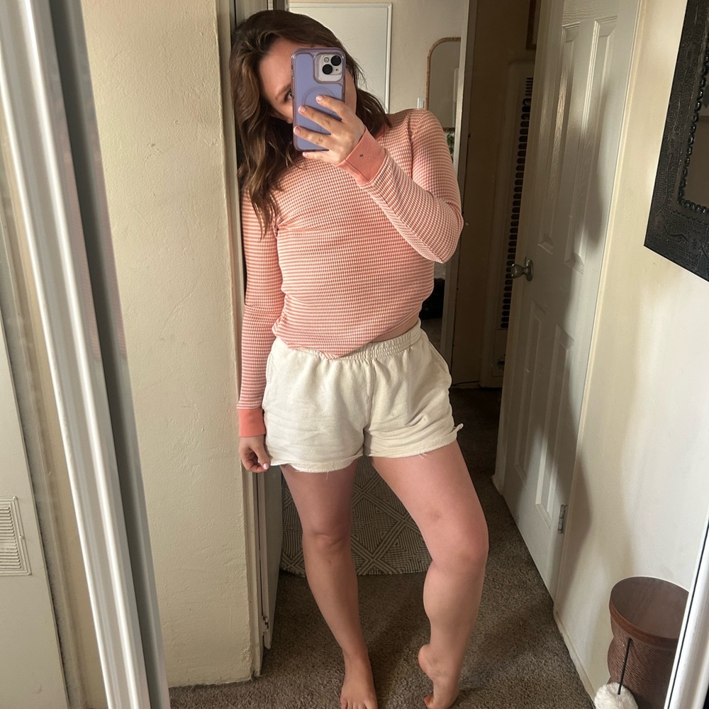 American Eagle Outfitters Coral and White Waffle Knit Long Sleeve Top